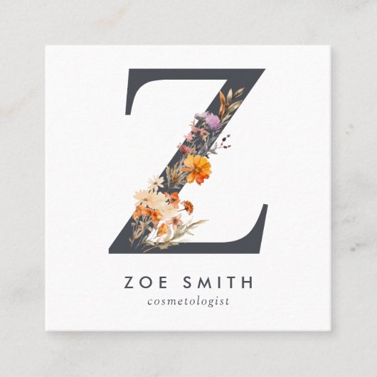 Boho Wildblume Initial Z QR Code Quadratische Visitenkarte (Vorderseite)