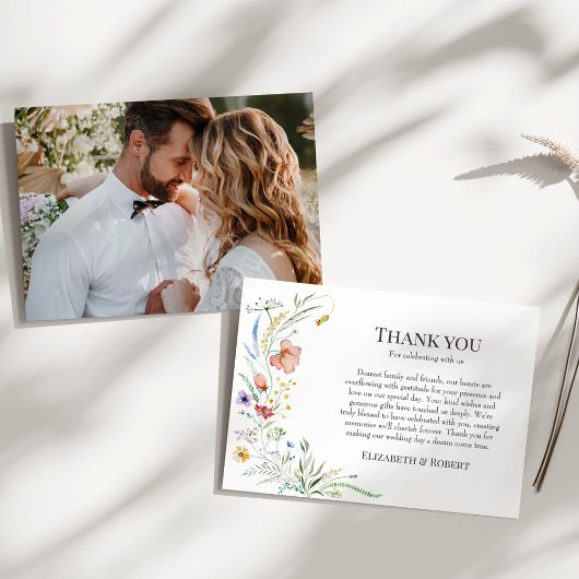 Boho Wildblume Meadow Couple Foto Wedding Dankeskarte