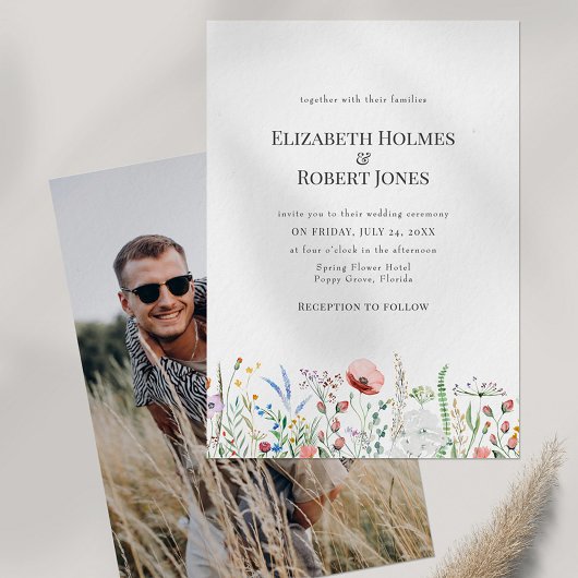 Boho Wildblume Meadow Couple Foto Wedding Einladung