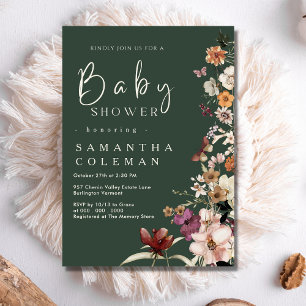Boho Wildblume Moderne Dunkelgrüne Niedliche Babyd Einladung