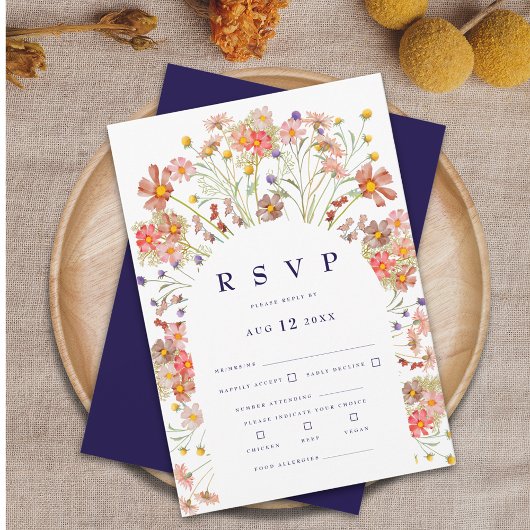 Boho Wildblume Navy Blue and White Wedding RSVP Karte