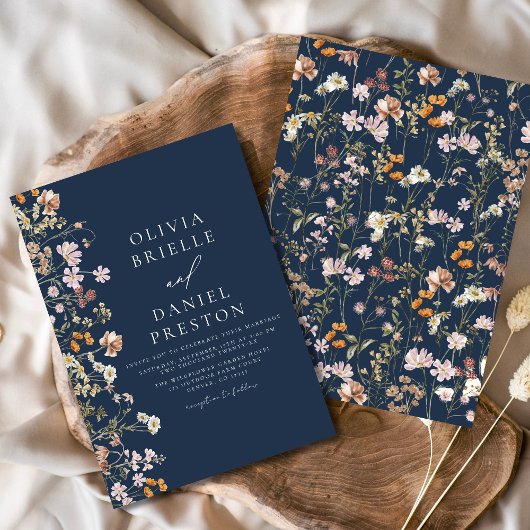 Boho Wildblume Navy Blue Garden Wedding Einladung