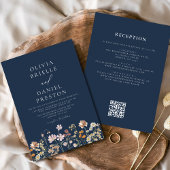 Boho Wildblume Navy Blue QR Code Hochzeit Einladung