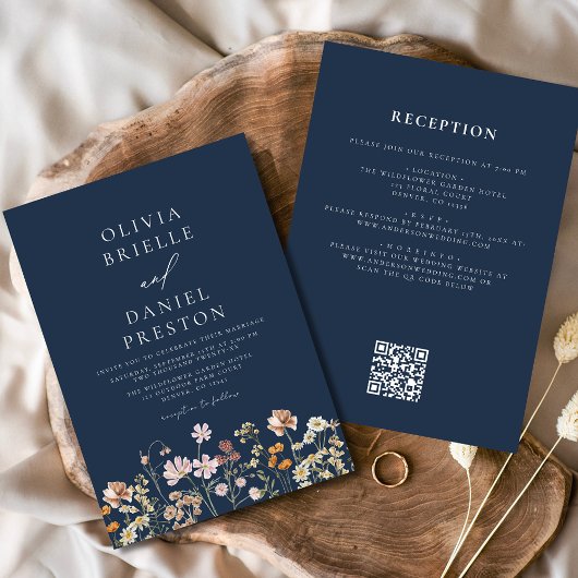 Boho Wildblume Navy Blue QR Code Hochzeit Einladung