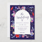 Boho Wildblume Navy Blue Wedding Einladung (Vorderseite)