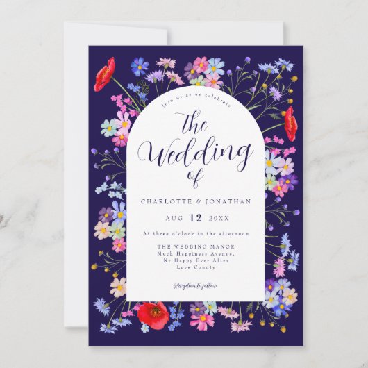 Boho Wildblume Navy Blue Wedding Einladung (Vorderseite)