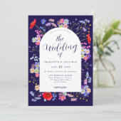 Boho Wildblume Navy Blue Wedding Einladung (Stehend Vorderseite)