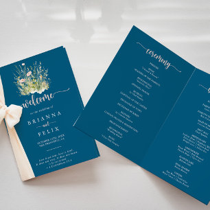 Boho Wildblume Navy Folded Wedding Programm