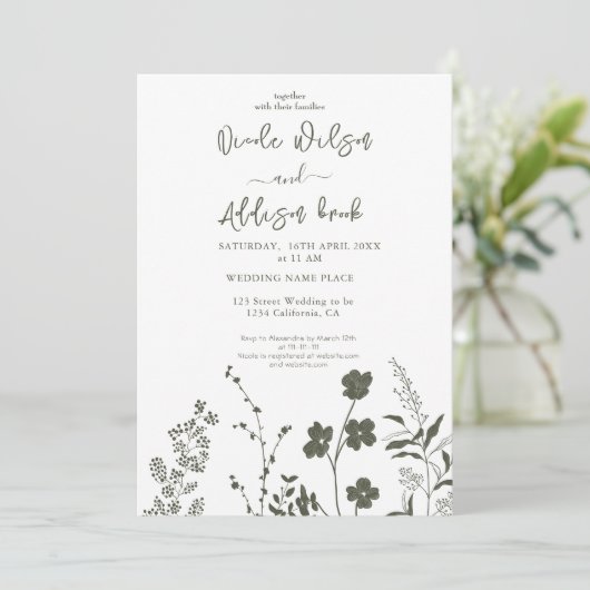 Boho Wildblume Olive Green Wedding Einladung (Stehend Vorderseite)