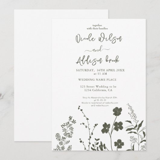 Boho Wildblume Olive Green Wedding Einladung (Vorne/Hinten)