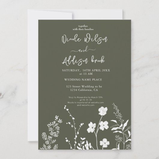Boho Wildblume Olive Green Wedding Einladung (Vorderseite)