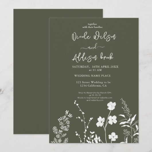 Boho Wildblume Olive Green Wedding Einladung (Vorne/Hinten)