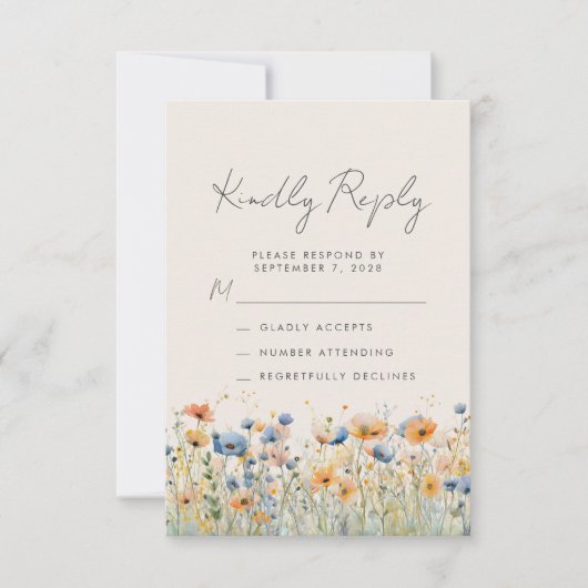 Boho Wildblume Orange Blue Beige Wedding RSVP Karte (Vorderseite)