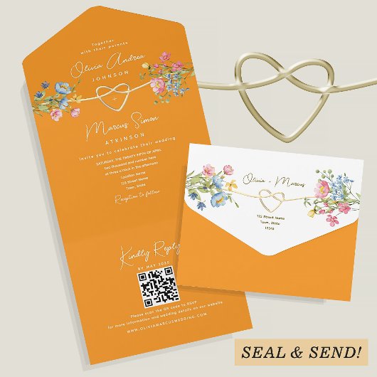 Boho Wildblume Orange Wedding All In One Einladung