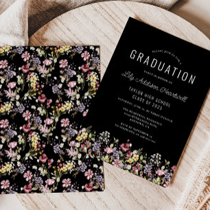 Boho Wildblume Pattern Black Graduation Party Einladung