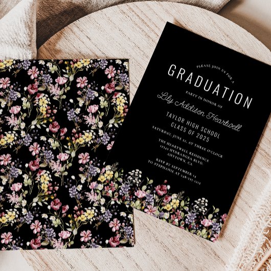 Boho Wildblume Pattern Black Graduation Party Einladung