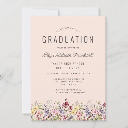Boho Wildblume Pattern Blush Graduation Party Einladung (Vorderseite)