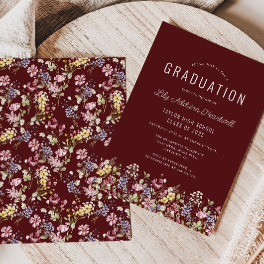 Boho Wildblume Pattern Burgundy Graduation Party Einladung