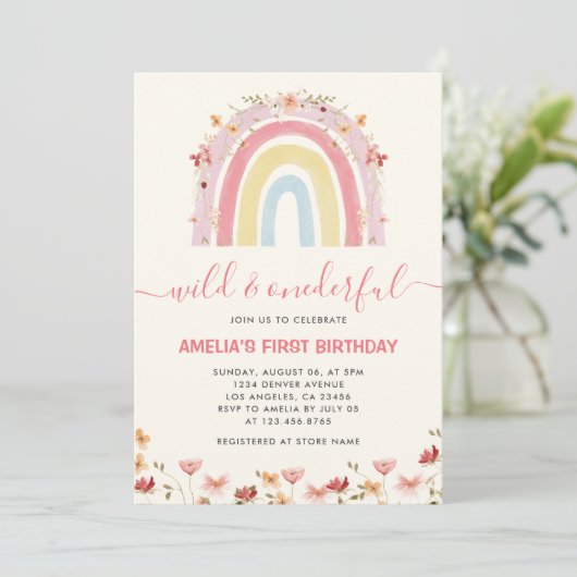 Boho Wildblume Rainbow Wild & Onederful Birthday Einladung (Stehend Vorderseite)