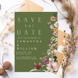 Boho Wildblume Rustic Moss Green Save the Date Einladung
