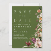 Boho Wildblume Rustic Moss Green Save the Date Einladung (Vorderseite)