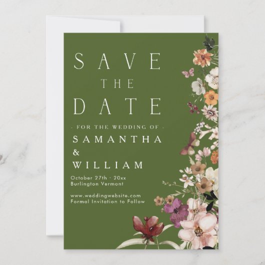 Boho Wildblume Rustic Moss Green Save the Date Einladung (Vorderseite)