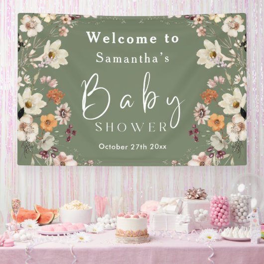 Boho Wildblume Rustic Sage Green Baby Dusche Banner (Party)
