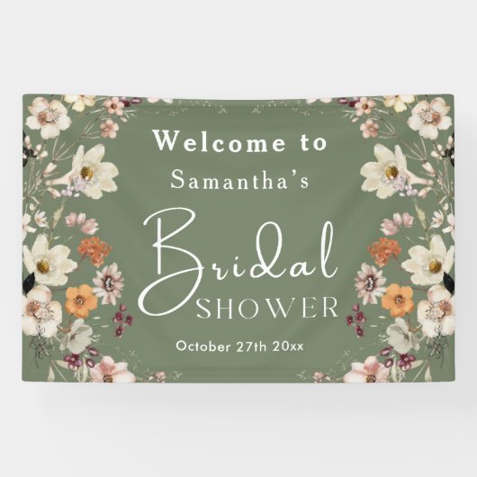 Boho Wildblume Rustic Sage Green Brautparty Banner (Horizontal)