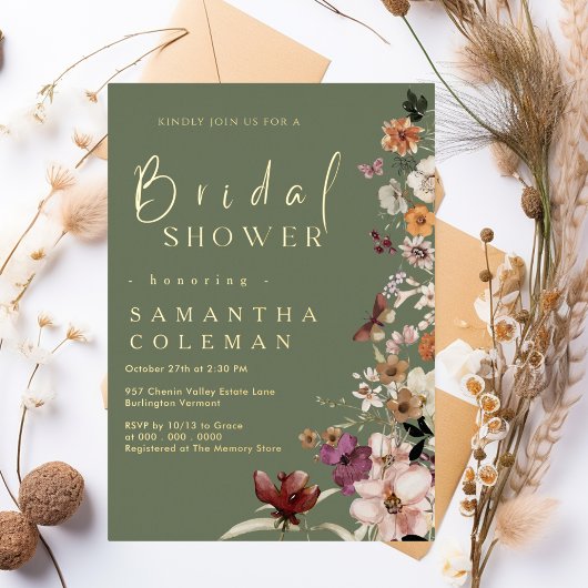 Boho Wildblume Rustic Sage Green Brautparty Folieneinladung