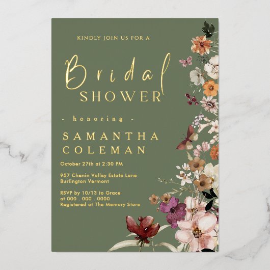 Boho Wildblume Rustic Sage Green Brautparty Folieneinladung (Vorderseite)