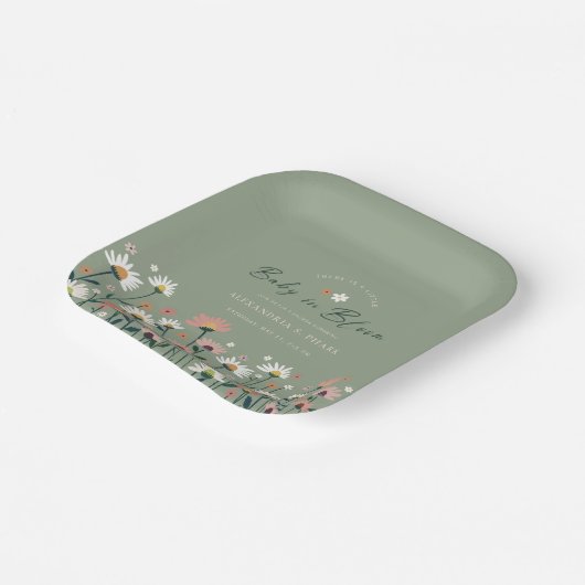 Boho Wildblume Sage Green Baby in Blütendusche Pappteller (Gewinkelt)
