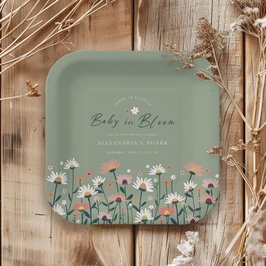 Boho Wildblume Sage Green Baby in Blütendusche Pappteller
