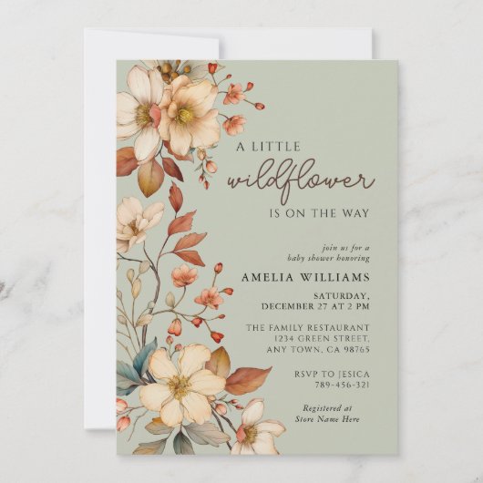 Boho Wildblume Sage Green Floral Baby Dusche Einladung (Vorderseite)