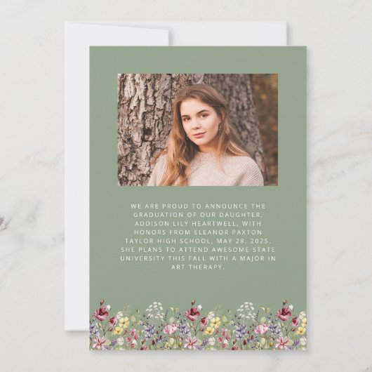 Boho Wildblume Sage Green Foto Grad Ankündigung (Rückseite)