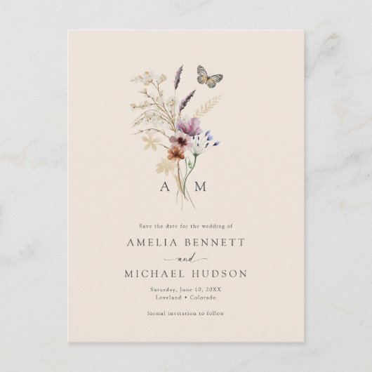 Boho Wildblume Save the Date Postkarte (Vorderseite)