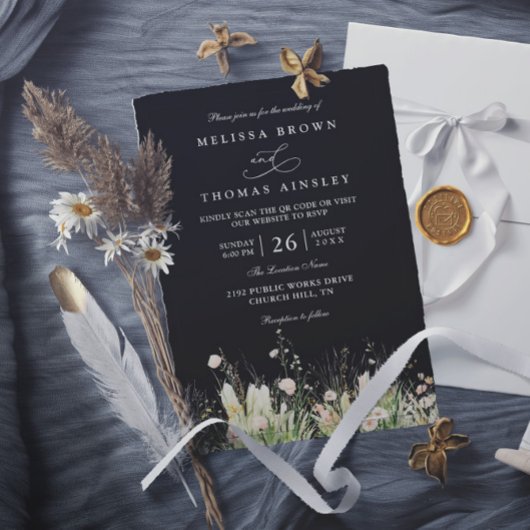 Boho Wildblume Schwarze elegante QR-Code-Hochzeit Einladung