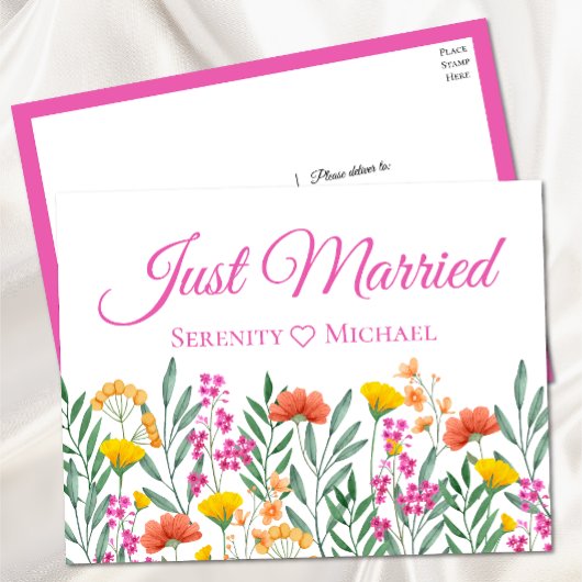 Boho Wildblume Spring Floral Just Married Wedding Ankündigungspostkarte