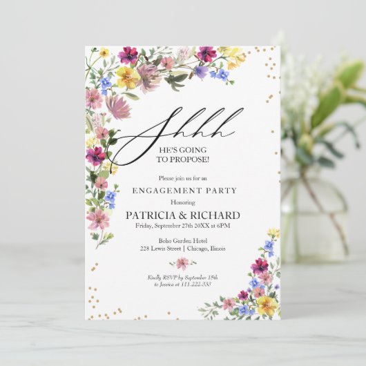 Boho Wildblume Überraschungspartei Einladung (Stehend Vorderseite)