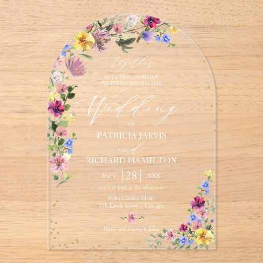 Boho Wildblume Wedding Acryleinladungen (Vorderseite)