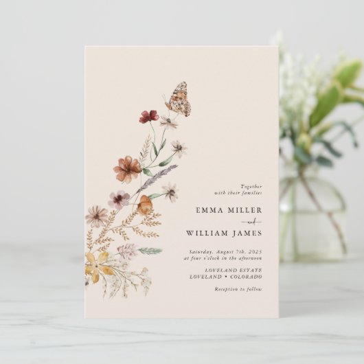 Boho Wildblume Wedding Einladung (Stehend Vorderseite)