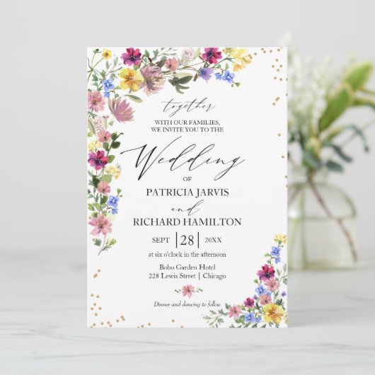 Boho Wildblume Wedding Einladung (Stehend Vorderseite)