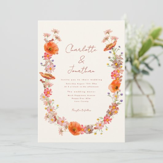 Boho Wildblume Wedding Einladung (Stehend Vorderseite)
