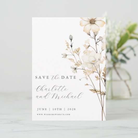 Boho Wildblume Wedding | Elfenbein Save The Date (Stehend Vorderseite)