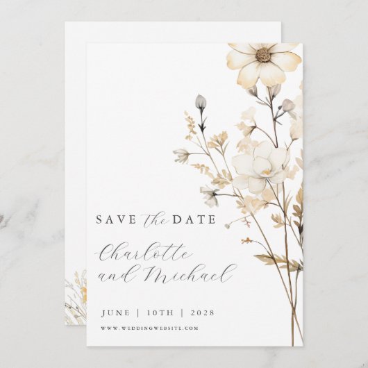 Boho Wildblume Wedding | Elfenbein Save The Date (Vorne/Hinten)