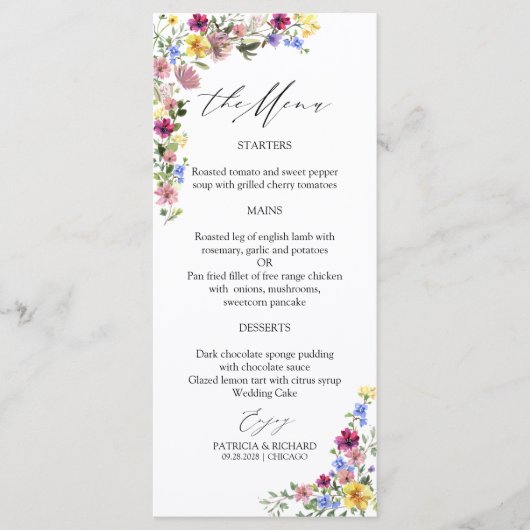 Boho Wildblume Wedding Menu Cards Menükarte (Vorderseite)