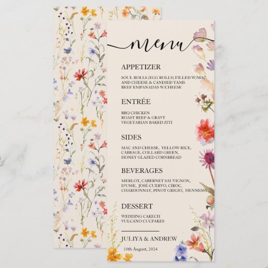 Boho Wildblume Wedding Menu Karte (Vorne/Hinten)