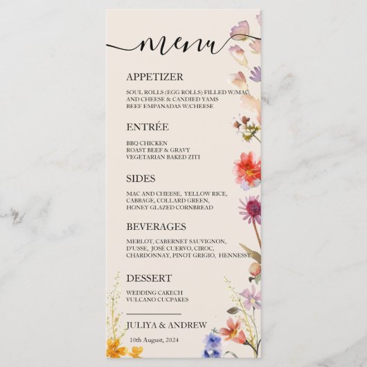 Boho Wildblume Wedding Menu Karte (Vorderseite)