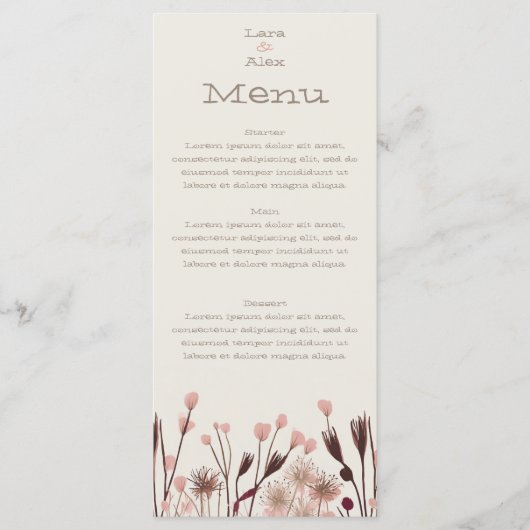 Boho Wildblume Wedding Menu Menükarte (Vorderseite)