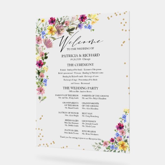 Boho Wildblume Wedding Program Acrylschild (Winkel)
