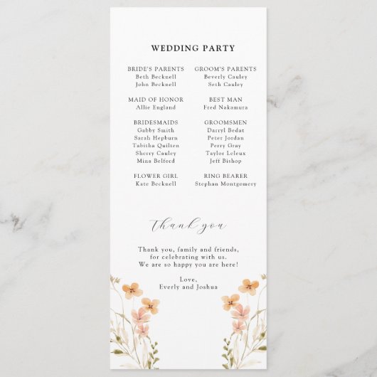 Boho Wildblume Wedding Program Programm (Rückseite)